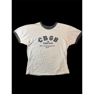 CBGB & OMFUG T-Shirt Mens L Vintage 90s Ringer Tee Gray Black Trim Made in USA